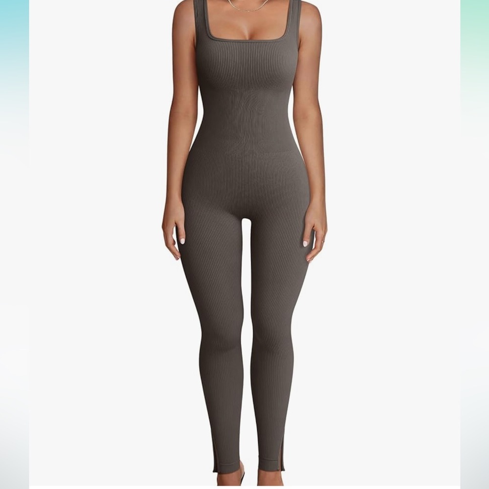 OQQ Ribbed Sleeveless Square Neck Ankle Split Tank Top Jumpsuit - Tea leaf